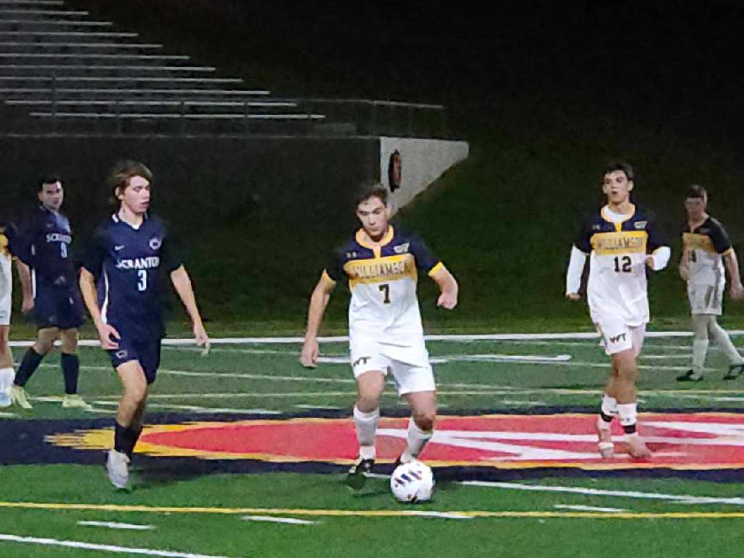 Dan Maroney (7) controls things for Williamson in game action while Dylan Beaver(12) scored the game winner for Williamson with 40 seconds left against PSU Scranton